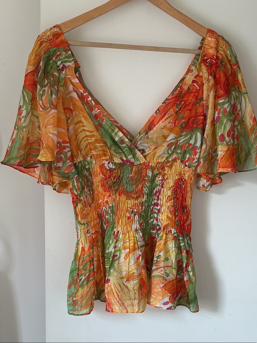 ZARA Floral Smocked V-Neck Blouse in Orange & Green